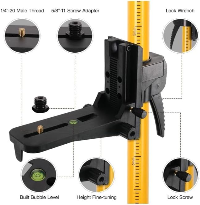 15.8Ft/4.8M Professional Laser Level Pole with Tripod & Mount - 1/4" & 5/8" Adapters, Adjustable Telescoping Laser Level Pole for Rotary/Line Lasers