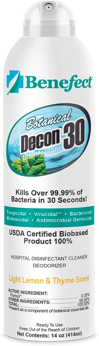 Benefect Botanical Decon 30 Disinfectant Cleaner, 14 oz. Ready-To-Use Spray, Hospital Grade Disinfectant, Kills Over 99.99% of Germs, Safe for Food-Contact Surfaces (Light Lemon & Thyme Scent)