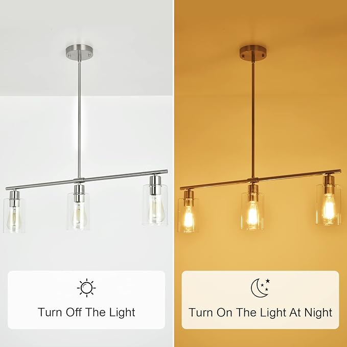 3-Light Pendant Lighting Clear Glass Pendant Lighting for Kitchen Island Brushed Nickel Hanging Light Fixture Pendant Light Dining Room Chandelier Farmhouse