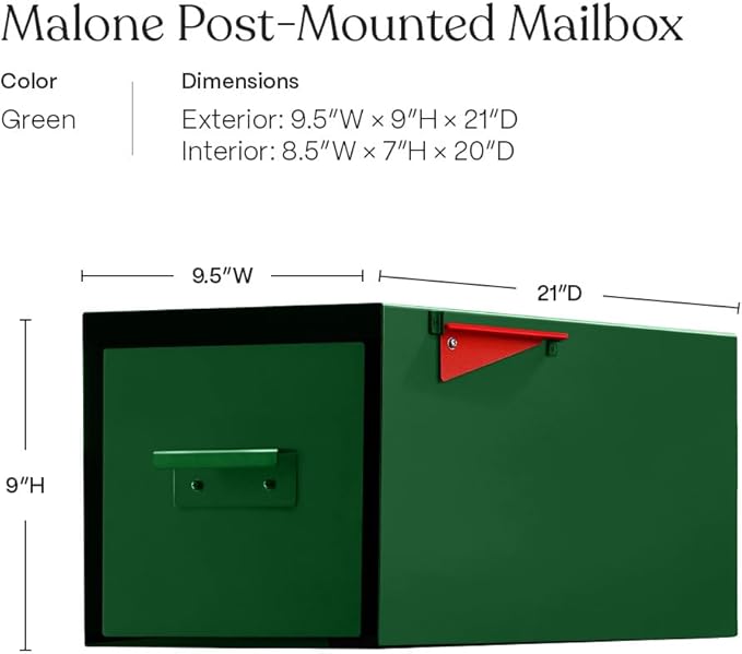 post & porch Malone Mailbox | Post Mounted Mailbox | Black/White/Gray/Brown/Red/Blue/Green, Regular or Large, Weatherproof Mail Box for Outside, Customizable (Green, Regular)