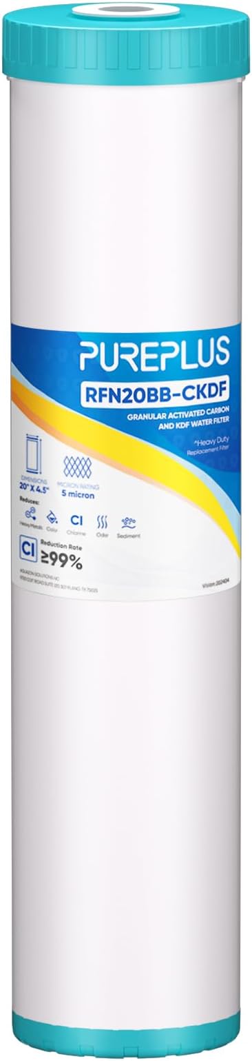 PUREPLUS 5 Micron 20" x 4.5" Whole House KDF/GAC Water Filter, Heavy Metal Removal Replacement Water Filter, RFN20BB-CKDF, 1PACK