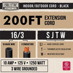 Weatherproof Black Extension Cord 200 ft, 16/3 SJTW 200 Foot Long Outdoor Extension Cord 3 Prong, Heavy Duty Exterior Power Cable Great for Outdoor Lights, Landscaping & Lawn - UL Certified
