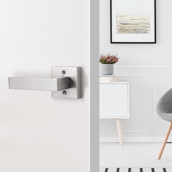 Gobrico 3 Pack Square Door Levers Satin Nickel Decorative Interior Door Locks Handles Square Rosette(Keyless One-Side Door Handles with Screws)