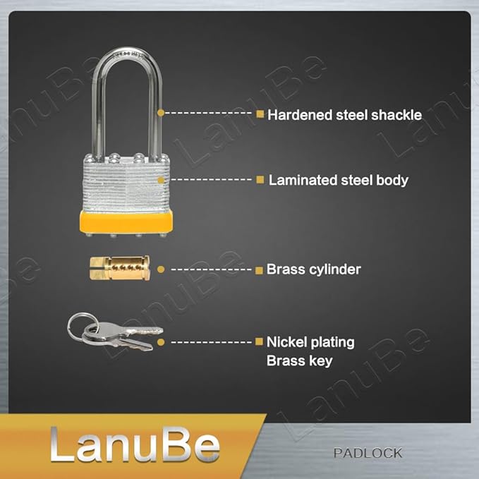 LanuBe Lock Laminated keyed Padlock (1-9/16", 40mm), keyed Alike Locks, Long Shackle,Marked Yellow Plastic Hoop, Pack of 48