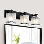 3-Lights Bathroom Light Fixture Over Mirror, Modern Black Wall Sconce Vanity Lighting Fixtures with Rectangular Frosted Glass Shade for Bathroom Kitchen Bedroom, E26 Bulb Base