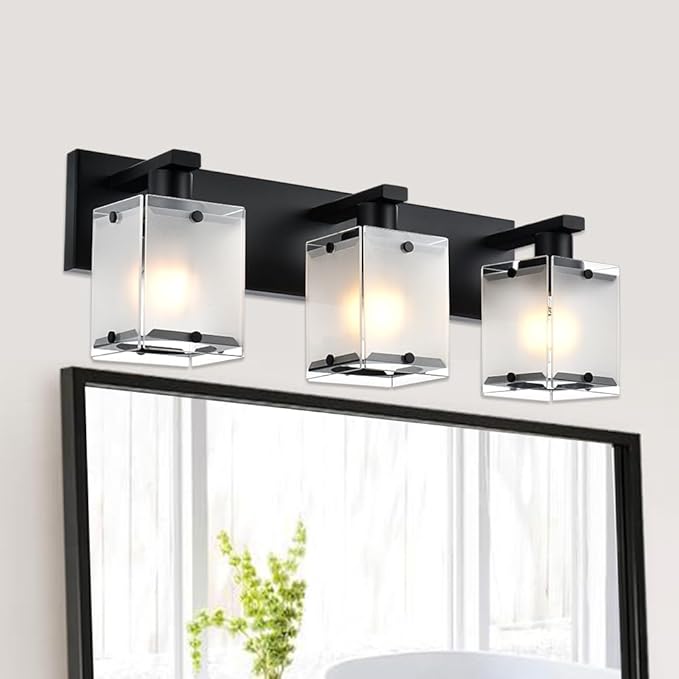3-Lights Bathroom Light Fixture Over Mirror, Modern Black Wall Sconce Vanity Lighting Fixtures with Rectangular Frosted Glass Shade for Bathroom Kitchen Bedroom, E26 Bulb Base