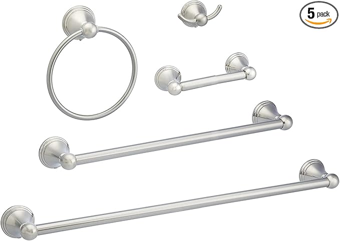 Amazon Basics 5 Piece, Satin Nickel AB-BR817-SN Bathroom Hardware Set, Variety Pack