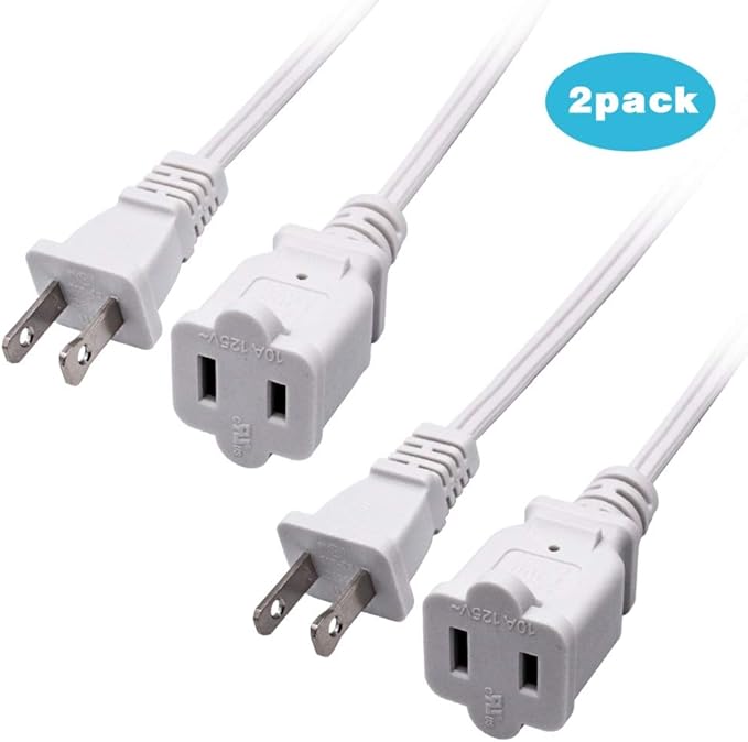2-Pack Indoor Extension Cord 10FT,2 Prong Extension Cords White,US Male/Female Short Power Cable, UL Listed Perfect for Home Appliances, Office or Christmas Lights