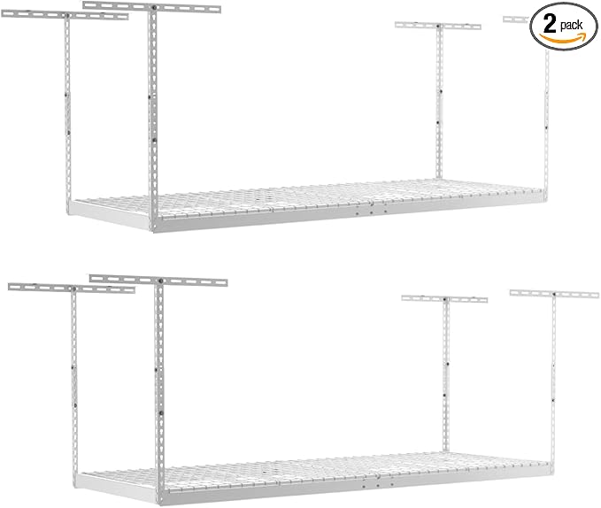 MonsterRax Overhead Garage Storage Racks 3x8’ (2-Pack) Ceiling Mounted Shelving, Adjustable Hanging Organizer, Heavy Duty Steel, Holds 500 Pounds, Color: White, Adjustable from 12"-21” off the Ceiling