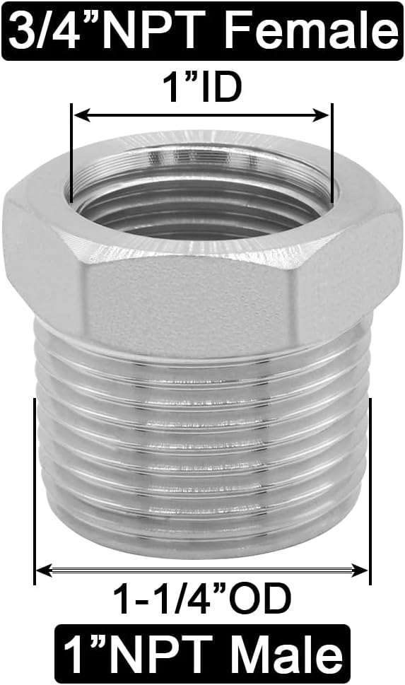 Joywayus Stainless Steel Hex Head Bushing Reducer Pipe Fitting 1 NPT Male × 3/4 NPT Female (Pack of 2)