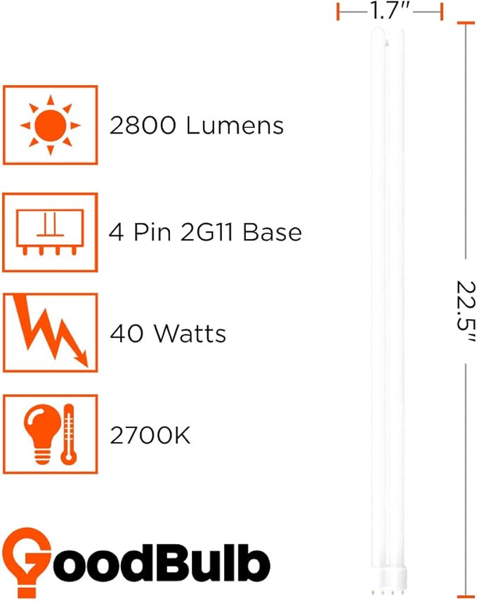 GoodBulb PLL40/827 | 40W 22.5" Twin Tube Compact Fluorescent Light Bulb | 4-pin 2G11 Base 2700K Soft White 2800 Lumen | 36000 Hour Long Life Biax | Pack of 10