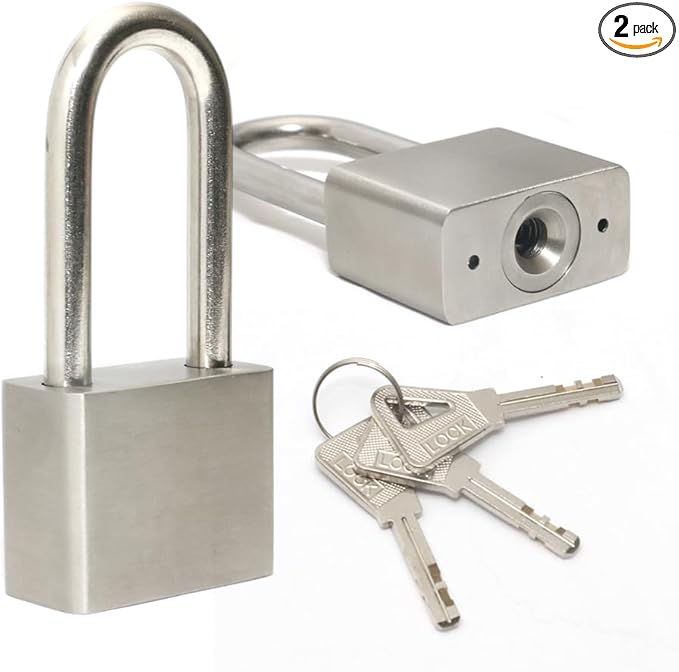 Lanube 304 Stainless Steel keyed Alike Marine Small Padlocks for Outdoor use, 1-9/16 inch Wide Body, Stainless Steel Body Long Shackle, Pack of 2