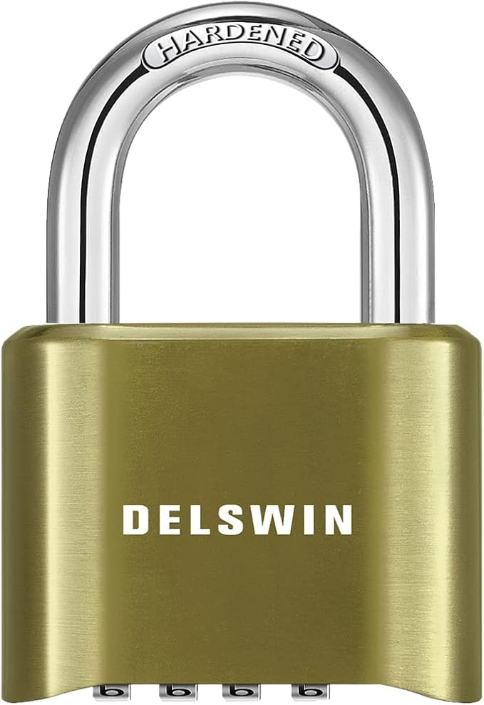 DELSWIN 4-Digit Combination Lock Outdoor Padlock - Heavy Duty Locker Lock with Hardened Steel Shackle, Waterproof Combo Lock for Gym Locker, Hasp Storage, Shed, Fence, Gate (Brass,1Pcs)