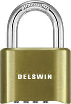 DELSWIN 4-Digit Combination Lock Outdoor Padlock - Heavy Duty Locker Lock with Hardened Steel Shackle, Waterproof Combo Lock for Gym Locker, Hasp Storage, Shed, Fence, Gate (Brass,1Pcs)