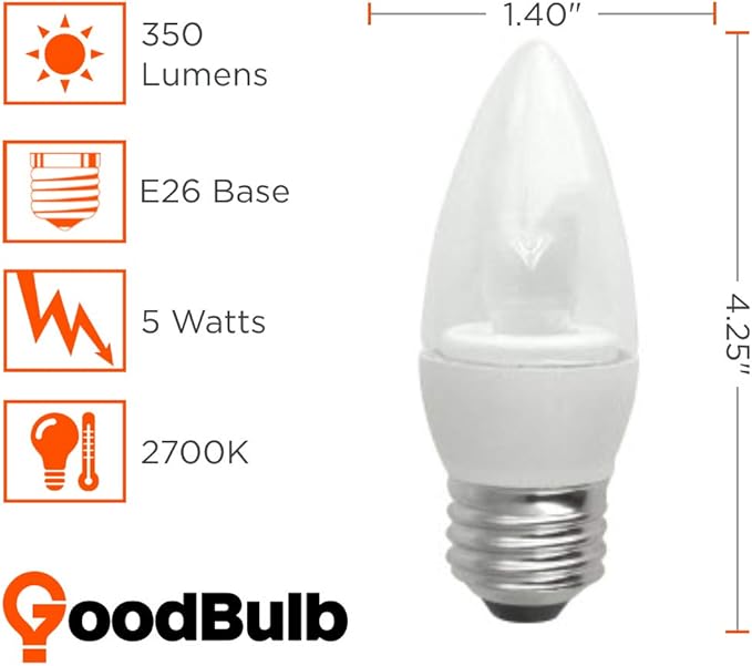 GoodBulb 5 Watt Clear B11 Light Bulbs LED Restaurant Bulb with E26 Medium Base 2700K Warm White 350 Lumens Restaurant Light Bulbs 10 Pack