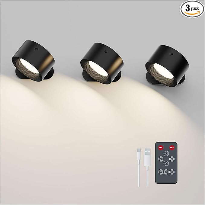 Koopala 3PACK Rechargeable LED Wall Sconce, Cordless Battery with Remote Powered Wall Sconce, 3 Brightness Levels, 360° Swivel Magnetic Shade for Bedrooms, Hallways, Den and Reading Spaces（Black）