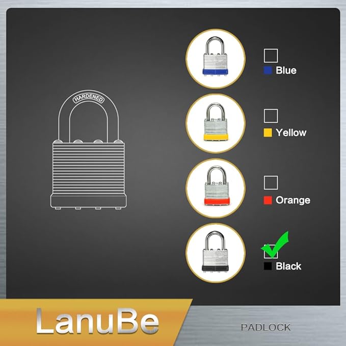 LanuBe Lock Laminated keyed Padlock (1-9/16", 40mm), keyed Alike Locks, Normal Shackle,Marked Black Plastic Hoop, Pack of 12…