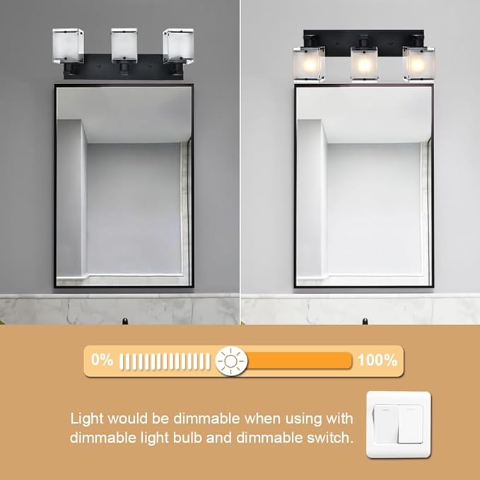 3-Lights Bathroom Light Fixture Over Mirror, Modern Black Wall Sconce Vanity Lighting Fixtures with Rectangular Frosted Glass Shade for Bathroom Kitchen Bedroom, E26 Bulb Base