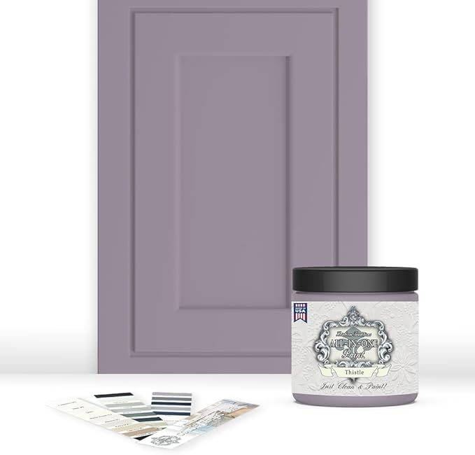 ALL-IN-ONE Paint, Durable cabinet and furniture paint. Built in primer and top coat, no sanding needed. Includes our 30 featured color card - Thistle (gray purple), 8oz Sample
