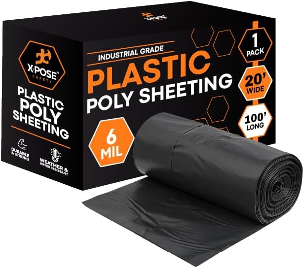 Xpose Safety Black Plastic Sheeting – 20' x 100' Roll – Heavy Duty 6 Mil Poly Sheet – Waterproof, Dustproof, Vapor Barrier – for Construction, Painting, Industrial Use