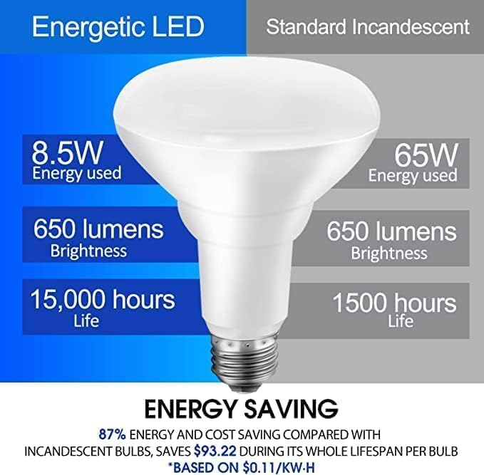 Energetic LED Flood Light Bulbs BR30 Indoor, 65W Equivalent, Dimmable, Daylight 5000K, Indoor Flood Lights for Recessed Cans, 12 Pack