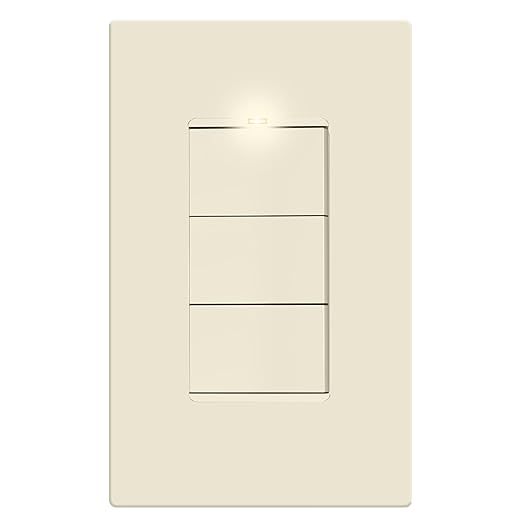 LIDER Minimalist Design Matte Finish Lighted Triple Switch with Screwless Wall Plate, Combination Decorator Switch with Locator Light, Ground Terminal, Single Pole, 15A 120V, UL Listed, Light Almond