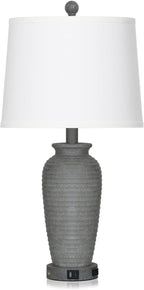 25" Grey Farmhouse Jar Table Lamps, 3 Way Touch Control Rustic Bedside Lamps with USB A+C Ports & AC Outlet, Pot Nightstand Lamps for Bedroom End Table (LED Bulbs Included)