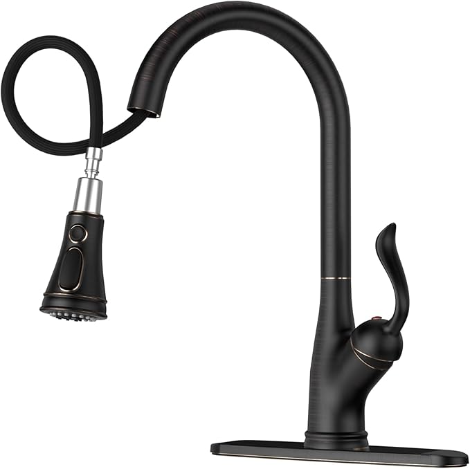 APPASO Pull Down Kitchen Faucet with Sprayer Oil Rubbed Bronze, Single Handle High Arc Faucet with Deck Plate, Neoperl Aerator, CUPC-Certified Pull-Out Hose, Water Supply Tubing, and Valve Core