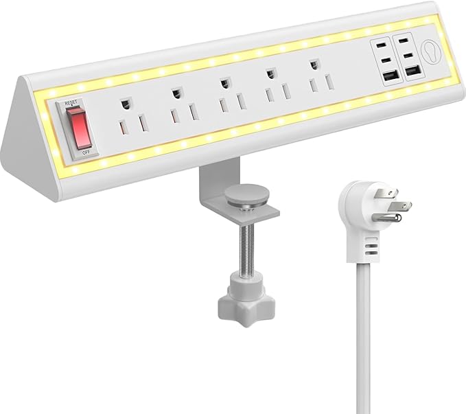 Desk Clamp Power Strip with Nightlight, 40W Fast Charging, 6FT Extension Cord, 4x20W USB-C & 2 USB Ports, 5 AC Outlets, Fits 1.69-Inch Table Edges