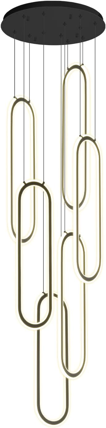 Flashing God Chandelier 6-Rings Contemporary Chandelier for High Ceiling Flush Mount Led Dimmable Large Pendant Lighting Black Ring Chandeliers for Villa Foyer Entrance Living Room
