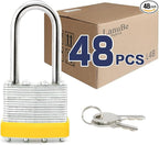 LanuBe Lock Laminated keyed Padlock (1-9/16", 40mm), keyed Alike Locks, Long Shackle,Marked Yellow Plastic Hoop, Pack of 48