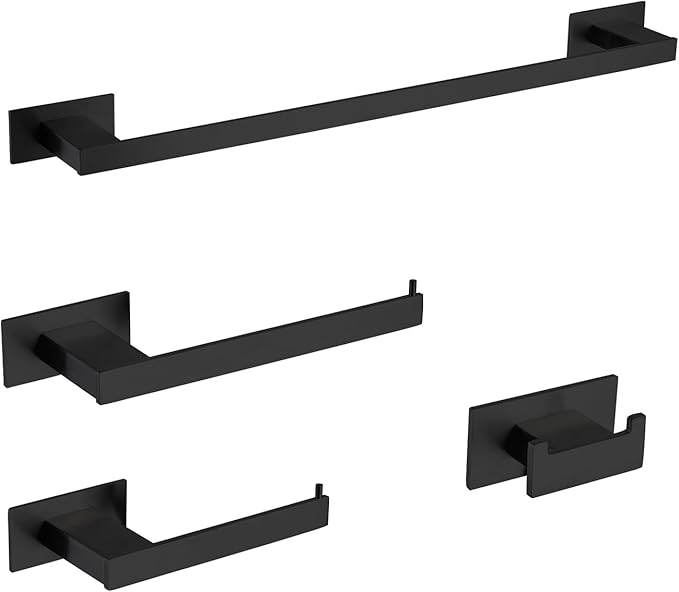 4-Pieces Bathroom Hardware Accessories Set, Towel Rack Towel Bar Toilet Paper Holder Towel Hook Self Adhesive Stainless Steel Towel Rack Set for Bathroom Wall Mounted, Matte Black 16 Inch
