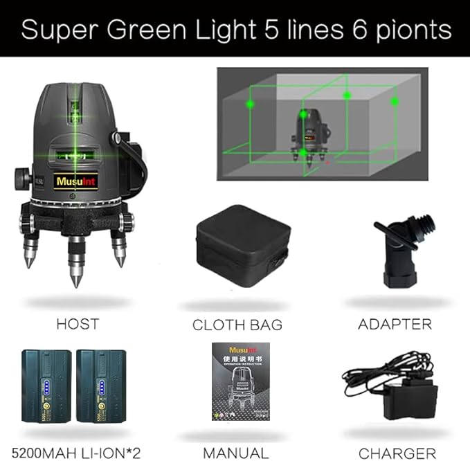 (Outdoor Laser Level) Picture Hanging Tool Green Light Lasers 5-Lines Laser Outside Leveler 360 Self Leveling Super Bright With 360° rotating base and strong light spot Digital display battery