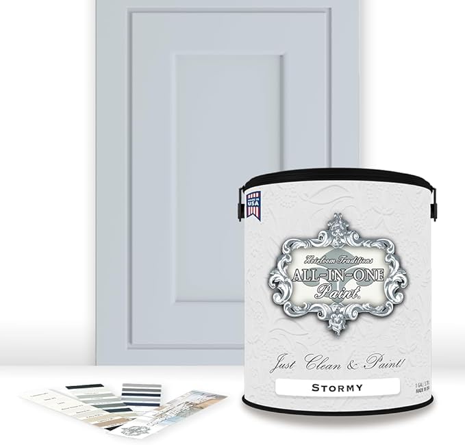 ALL-IN-ONE Paint, Durable cabinet and furniture paint. Built in primer and top coat, no sanding needed. Includes our 30 featured color card - Stormy (pastel blue), Gallon