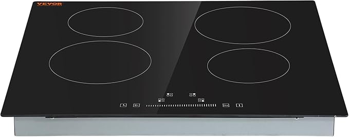 VEVOR LT4-77 Built in Electric Ceramic 23.2 x 20.5 inch Stove Top, 240V Glass Radiant Cooktop with Touch Control, Timer & Child Lock, 9 Power Levels for Simmer Steam Slow Cook Fry, 24IN 4-Burners
