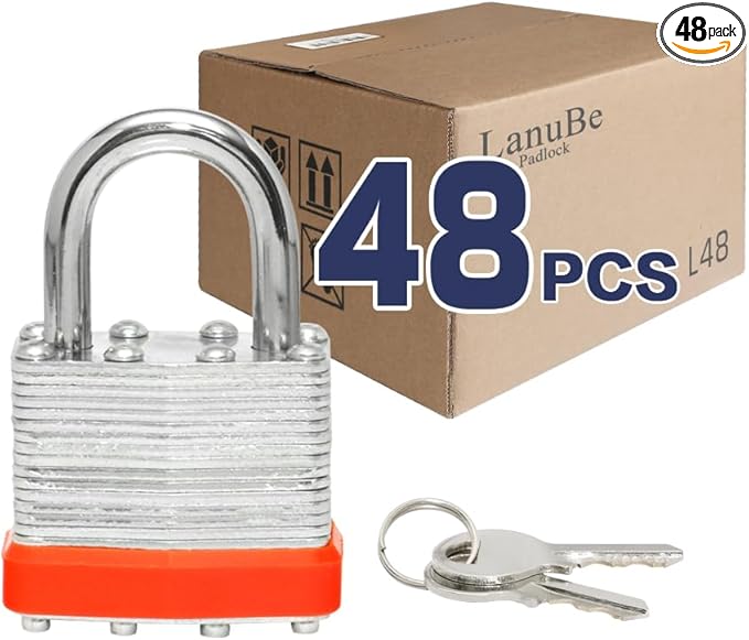LanuBe Lock Laminated keyed Padlock (1-9/16", 40mm), keyed Alike Locks, Normal Shackle,Marked Orange Plastic Hoop, Pack of 48