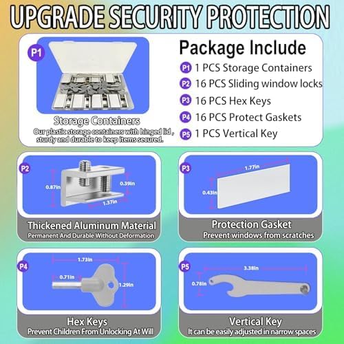 Window Locks, 16 Sets Sliding Window Locks with Key, Easy to Install Vertical & Horizontal Window Security Locks, Adjustable Aluminum Window Stopper Lock (Silver)