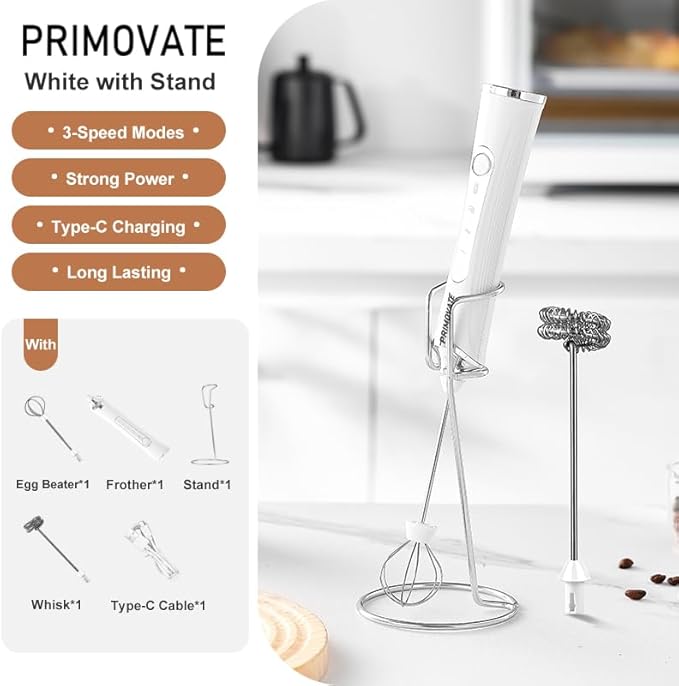 Rechargable Milk Frother, Handheld Drink Mixer with Whisk Attachment, 2025 upgraded, powerfull 3 speed motor, Type C charging with charge light, with extra egg mix head (Black without Stand)
