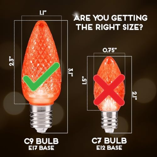 HLO Lighting Set of 25 Orange C9 Faceted LED Christmas Light Bulbs for Indoor & Outdoor Use | Durable Replacement Bulbs