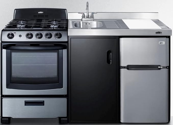 Summit 63" All-in-One Kitchenette with Gas Range, Refrigerator-Freezer, Sink, White - ACK63GASBSS