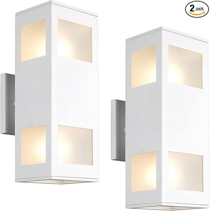 harriet Porch Lights Outdoor Modern - IP64 Waterproof Aluminum and Tempered Glass Cover, 13" Rectangular Up/Down Wall Sconce for Porch, Garage & Patio, Exterior Lighting, White, 2 Pack