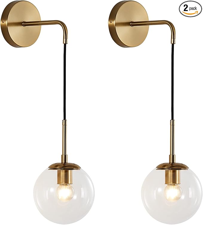 KCO Modern Glass Globe Wall Sconce Set of Two Minimalist Gold Wall Light Fixture with Adjustable Cord Brass Round Glass Wall Mounted Reading Lamp (Clear-2PC)