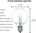 G40 Replacement Light Bulbs 5W Clear Globe Bulb fits E12 C7 Candelabra Screw Base Sockets, 1.5 Inch Dimmable Light Bulbs for Indoor Outdoor Patio Decor, Pack of 25