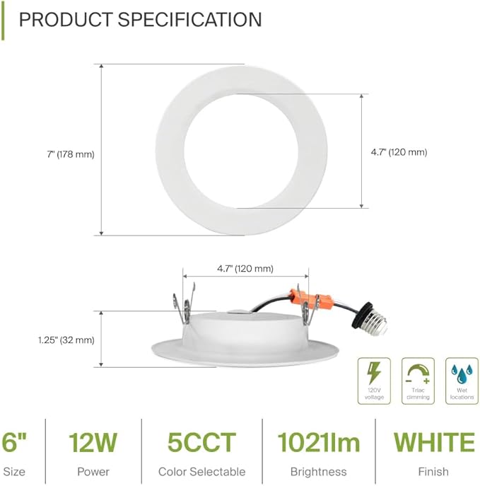 ASD Flat Trim Retrofit LED Recessed Lighting 6 Inch | Ultra Thin White 12W 1021LM Wet Rated Dimmable Downlights | 2700K-5000K Adjustable LED Recessed Light Fixtures | Disk Can Lights, ETL 24 Pack