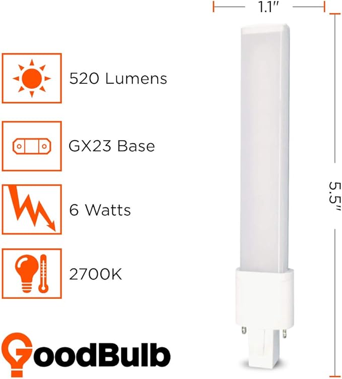 GoodBulb 9 Watt Replacement Horizontal LED Plug-in Light Bulbs | Commercial 6 Watt Hybrid 2 Pin GX23 Base 2700K Soft White | High Output 520 Lumens | 120° Beam LED PL Light Bulbs | 10 Pack