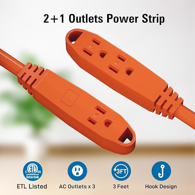 K KASONIC - 50-Feet 3 Outlet Extension Cord, ETL/UL Listed, 16/3 SJTW 3-Wire Grounded, 13 Amp 125 V 1625 Watts, Multi-Outlet Indoor/Outdoor Use, Orange