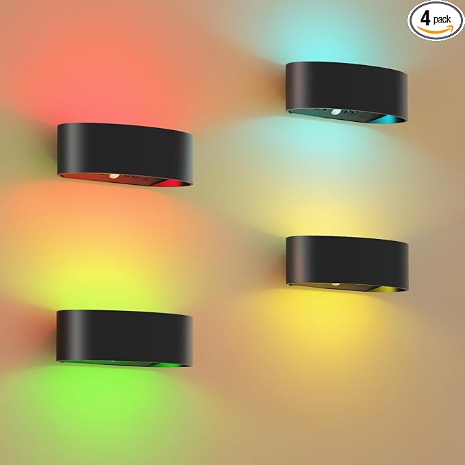Motion Sensor Wall Lights with Remote, Rechargeable 5000mAh Battery Operated Wall Sconces, 18-Color Dimmable UP and Down LED Lamp for Living Room, Bedroom, Hallway (4-Pack, Black)