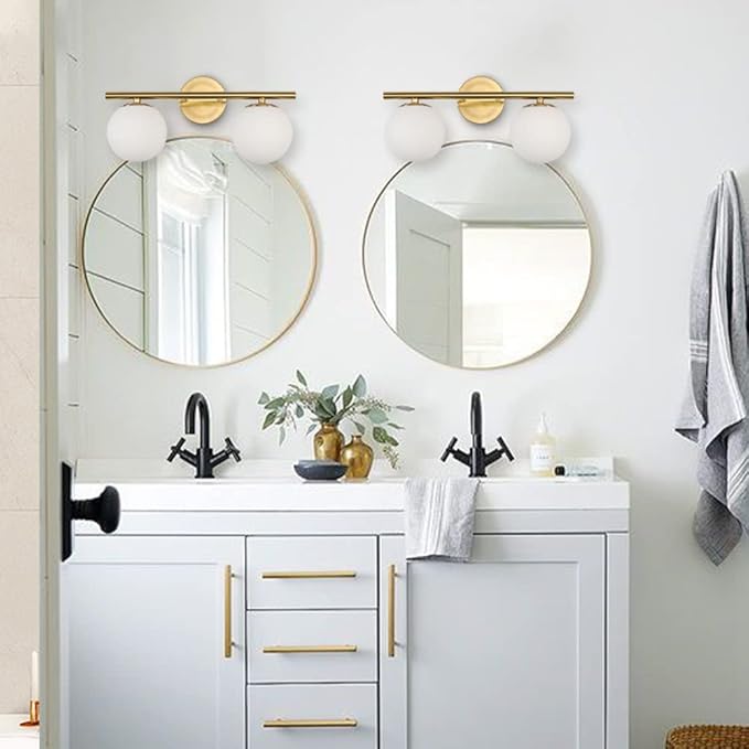 New Bathroom Vanity Light Fixtures 2 Lights Brushed Brass Milk White Globe Glass Shade Modern Wall Bar Sconce Over Mirror (Exclude Bulb
