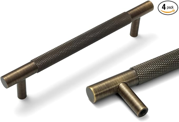 Solid Brass Cabinet Pulls, Knurled Cabinet Pull, Antique Brass Drawer Handles for Bathroom, Bedroom, Kitchen (4, 6.3inch/160mm)