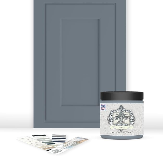 ALL-IN-ONE Paint, Durable cabinet and furniture paint. Built in primer and top coat, no sanding needed. Includes our 30 featured color card - Haven (heathered, muted blue), 8oz Sample